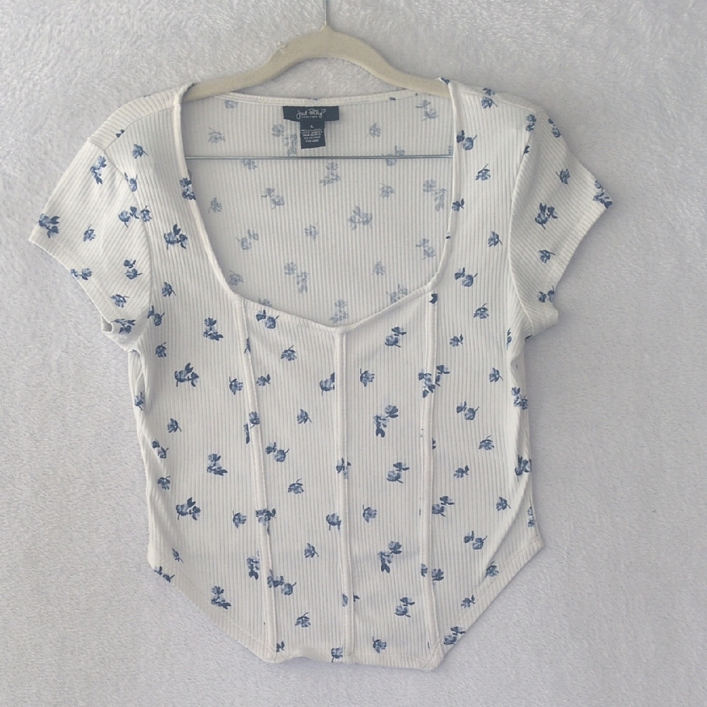 Just Polly Junior's Blue Floral Asymmetrical Farmhouse Cottage Shirt Size L‎